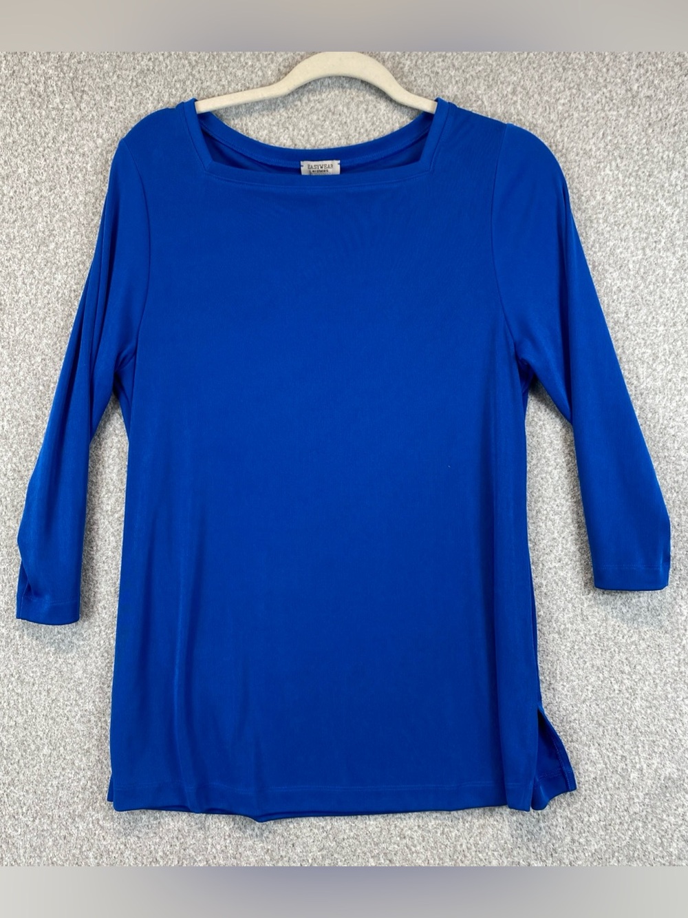 Chicos Easywear Tunic Size 1 Womens M Royal Blue Liquid Knit Square Neck Long